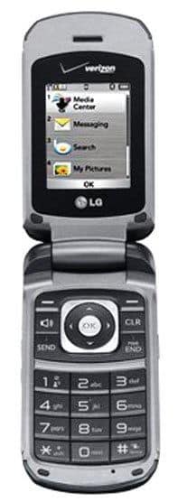 LG Accolade flip phone, open, displaying home screen menu with Call Center, Messaging, Search, and My Pictures options