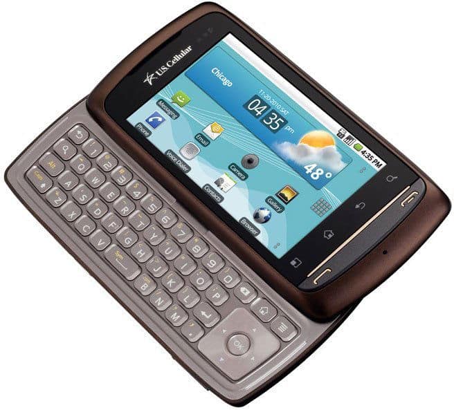 LG Apex phone with slide-out QWERTY keyboard, front view with screen displaying weather and home screen icons
