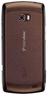 LG Apex rear view, brown candy bar phone with camera and branded back plate