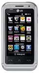 LG Arena smartphone shown from front, displaying home screen with app grid and icons on black background