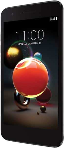 LG Aristo 2 in black, front angled view, shows colorful sphere wallpaper and display time of 11:00, Monday, January 15.