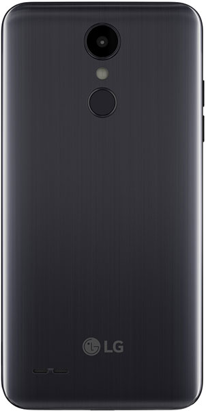 Rear view of black LG Aristo 2: single rear camera, fingerprint sensor, matte finish, LG logo, and speaker grille.