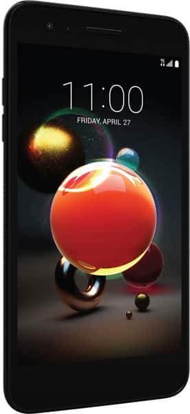 LG Aristo 2 Plus front view displaying lock screen with time 11:00, date Friday April 27, and colorful glowing orbs graphic