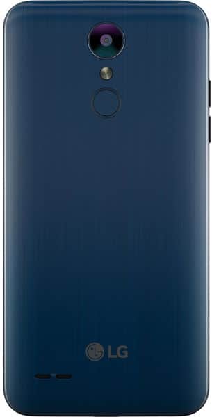 LG Aristo 2 Plus rear view in dark blue, showing camera and fingerprint sensor