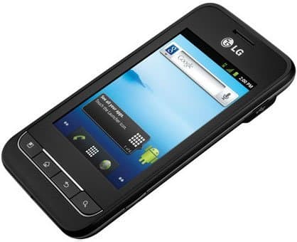 LG Optimus 2 smartphone, front view, with blue homescreen displayed and physical keypad below the screen