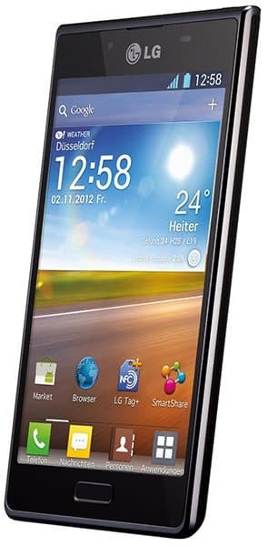 LG Optimus Select smartphone displayed at an angle, showing home screen with weather widget and app icons on touchscreen display
