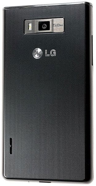 LG Optimus Select rear view showing textured black back panel, camera lens, and LG branding