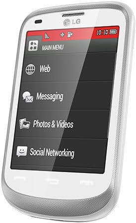 LG Aspire white smartphone, front view, displaying main menu with Web, Messaging, Photos & Videos, and Social Networking options