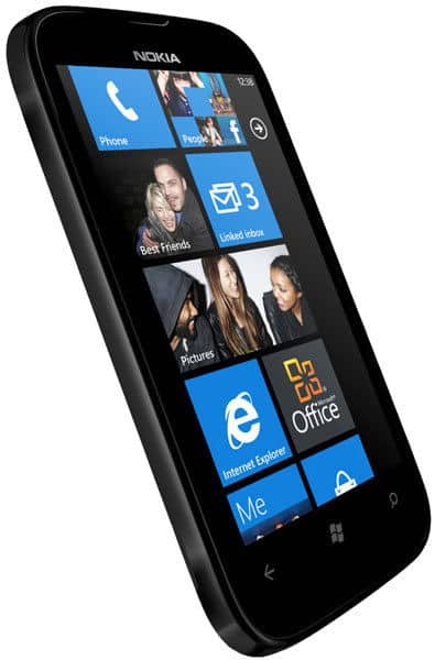 Nokia Lumia 510 front view, black smartphone with blue Windows Phone home screen displaying app tiles for Phone, Photos, Mail, and Office