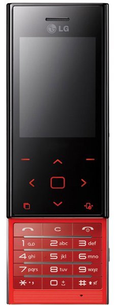 LG New Chocolate BL20 front view, black upper section with display and control buttons, red sliding QWERTY keyboard below