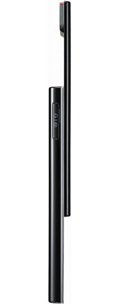 LG New Chocolate BL20 side view, black candybar phone with sliding mechanism partially extended