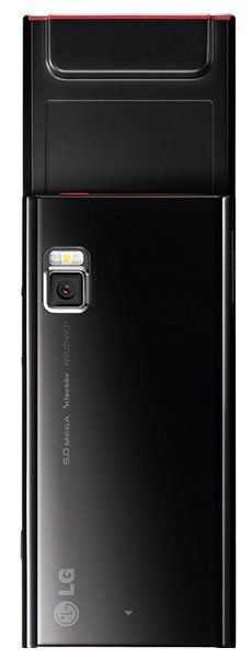 LG New Chocolate BL20 phone, rear view, showing camera and LG branding on black body with red accents