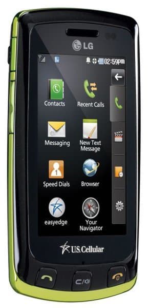 LG Bliss phone front view, black with lime green trim, displaying home screen with app icons