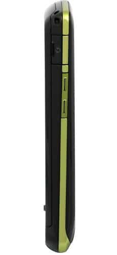 LG Bliss phone, side view, black with lime green accent stripe running vertically down the edge
