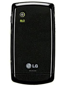 LG Bliss flip phone, rear view, black with chrome trim and camera lens visible