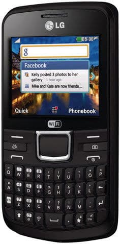 LG C195 phone, front view, displaying Facebook notification on screen with QWERTY keyboard below