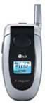 LG CG300 flip phone, front view, silver and black exterior with blue screen display open