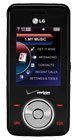 Front view of black LG Chocolate Spin (VX-8550) showing music player menu, circular nav pad, LG and Verizon logos visible.