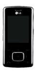 LG Chocolate TG800 front view, black flip phone with silver trim and square button below screen