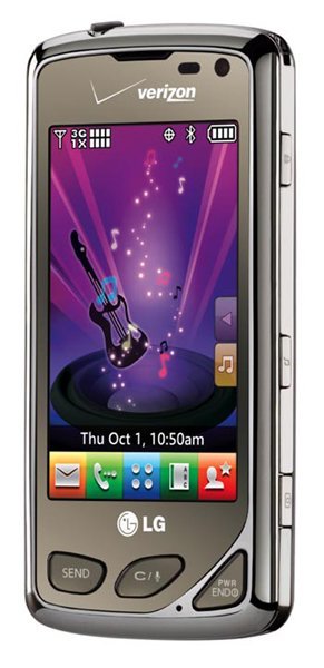 LG Chocolate Touch front view, displaying purple screen with guitar graphic and app icons at bottom