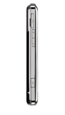 LG Chocolate Touch phone, side view, showing slim black and silver design with controls and screen