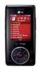 LG Chocolate VX-8500 phone, front view, with black body and red display screen showing menu options