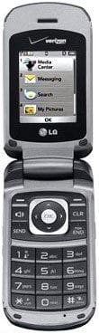 LG Clout flip phone, open, showing black screen and silver exterior with keypad