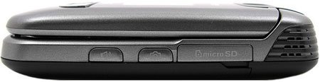 LG Clout phone shown from above, displaying its closed clamshell design with dual screens and control buttons