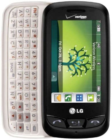 Front view of black LG Cosmos Touch slider with screen on and left-side horizontal white QWERTY keyboard extended; Verizon carrier.