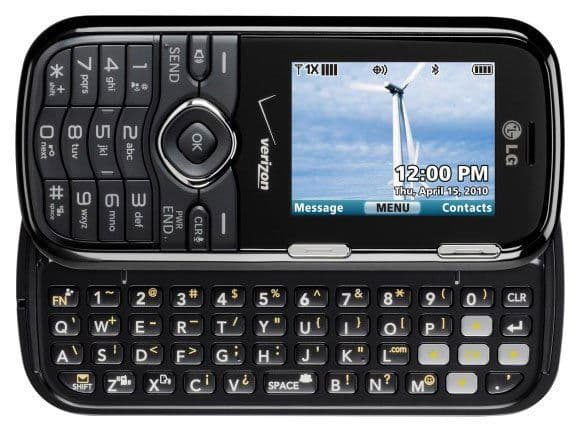 Front view of black LG Cosmos slider open, showing screen, numeric keypad, QWERTY keyboard, and Verizon logo between keypads.