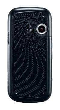 Rear view of black LG Cosmos; circular camera lens top right, with concentric curved line pattern on back cover.