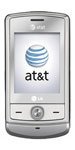 LG CU720 Shine phone, front view, displaying AT&T logo on silver screen with navigation buttons below