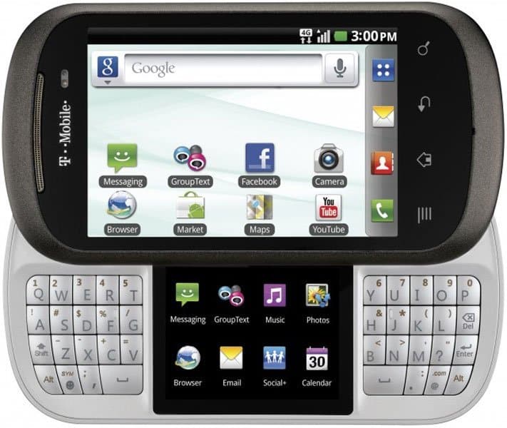LG Doubleplay front view with dual slide-out QWERTY keyboards, main touchscreen displaying Google search and app icons, secondary screen below showing additional apps