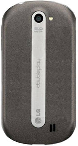 LG Doubleplay rear view, showing dark gray back with white vertical stripe and camera lens at top