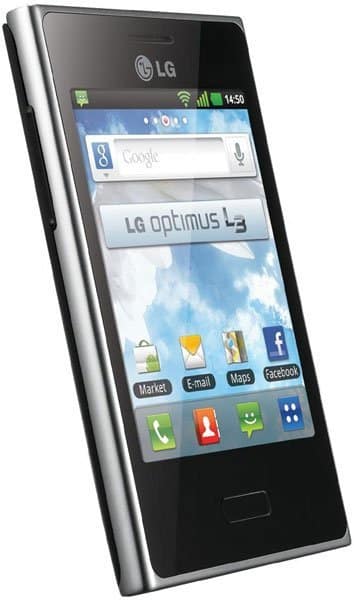 LG Optimus L3 smartphone, front view, displaying home screen with Google search bar and app icons including Maps, Email, Market, and Facebook