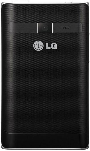 LG Optimus L3 rear view, black phone with textured back and LG logo centered