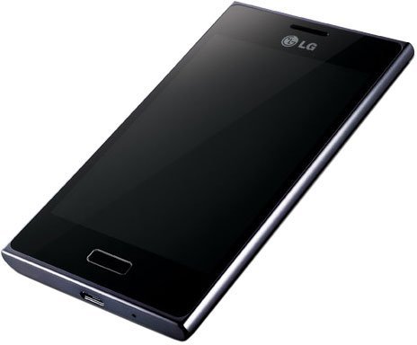 LG Optimus L5 smartphone in black, angled front view on white background; screen off, rectangular home button at bottom.