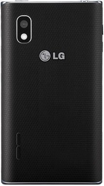 Rear view of black LG Optimus L5 showing camera and flash at top left, centered LG logo, and textured back cover.