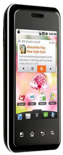 Front view of black LG Optimus Chic E720 with Gmail, Talk, Market, and Maps icons on a flower wallpaper.