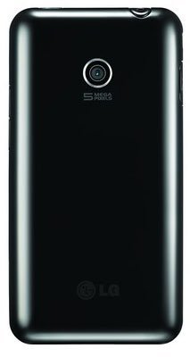 Rear view of black LG Optimus Chic E720 showing single rear camera, "5 Megapixels" label, and LG logo near the bottom.