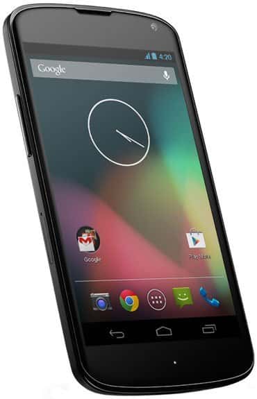 LG Nexus 4 front view with colorful gradient home screen, Google search bar, analog clock widget, and app icons