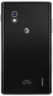 LG Optimus G rear view, black textured back with dual cameras and AT&T logo