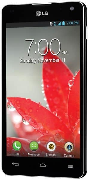 LG Optimus G front view with 7:00 PM lockscreen displaying red flower wallpaper and app icons at bottom