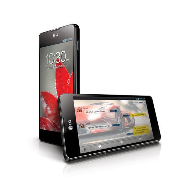 LG Optimus G front and rear views, displaying home screen with time 10:30 and video player on landscape screen