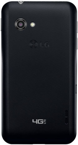 Rear view of black LG Enact showing camera, flash, LG logo, speaker grille, and 4G LTE branding near the bottom.