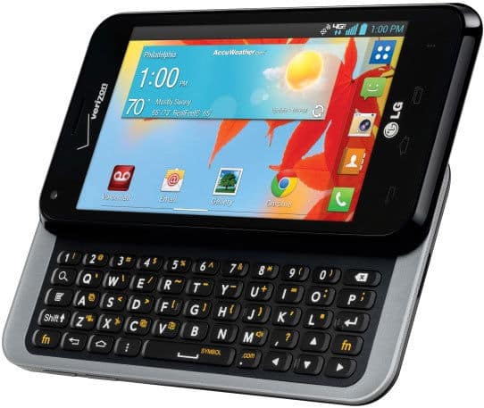 Front angled view of Verizon LG Enact showing sliding QWERTY keyboard and touchscreen home screen with app icons at 1:00 PM.