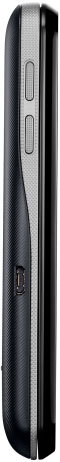 Side view of closed LG Enact flip phone with two side buttons and a charging port; black and silver casing.