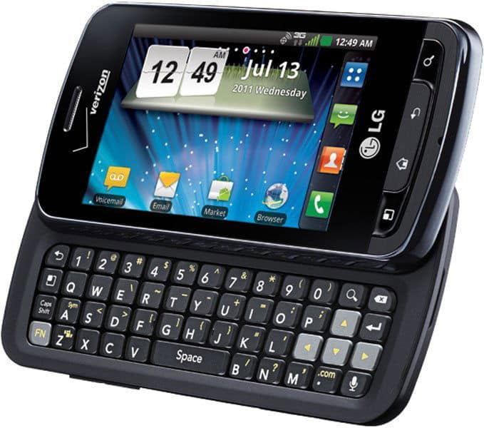 LG Enlighten VS700 front view with slide-out QWERTY keyboard and touchscreen display showing home screen