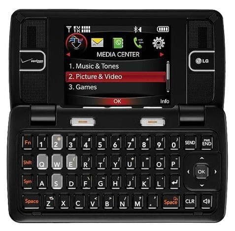 LG Keybo 2 / enV3 phone open, showing QWERTY keyboard below screen displaying Media Center menu with Music & Tones, Picture & Video, and Games options