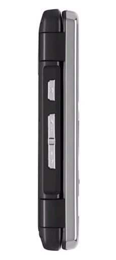 LG enV3 flip phone, side view, showing black exterior with silver inner edge and button details
